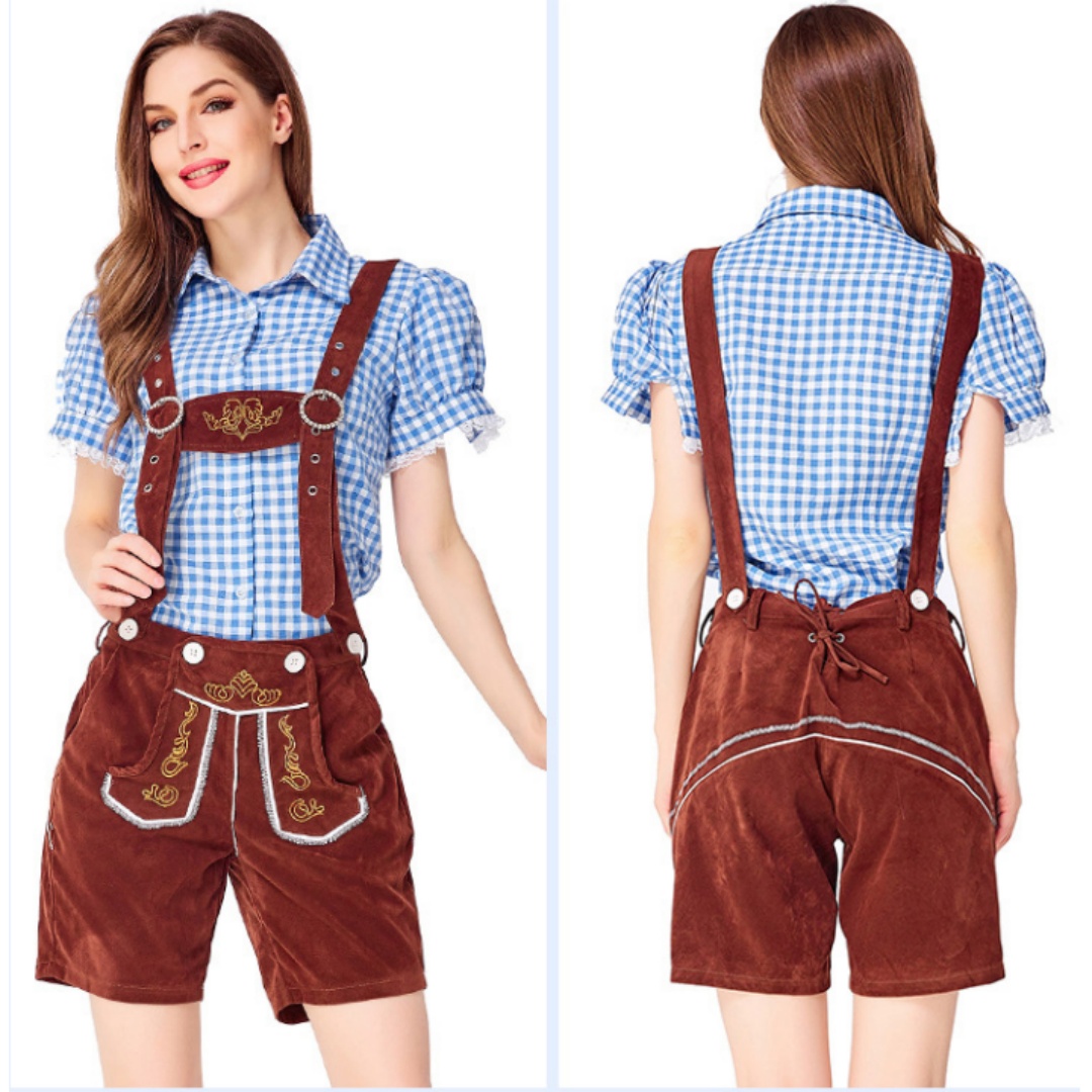 Womens Oktoberfest Outfit Embroidered Blouse with Lederhosen Shorts